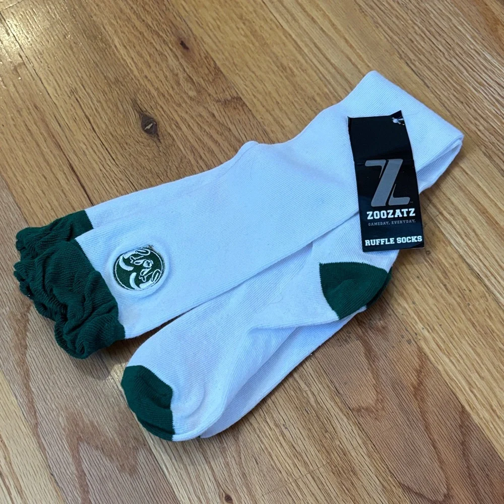 White Crew Socks with Green Ruffle Cuff